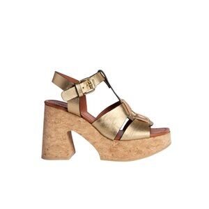 ME & EM T Bar Cork Platform Sandals Womens 41 11 Gold Leather Fisherman Heels
